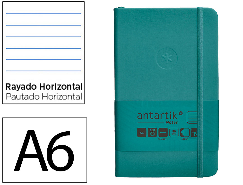 CUADERNO CON GOMILLA ANTARTIK NOTES TAPA DURA A6 HOJAS RAYAS VERDE AGUAMARINA 100 HOJAS 80 GR FSC