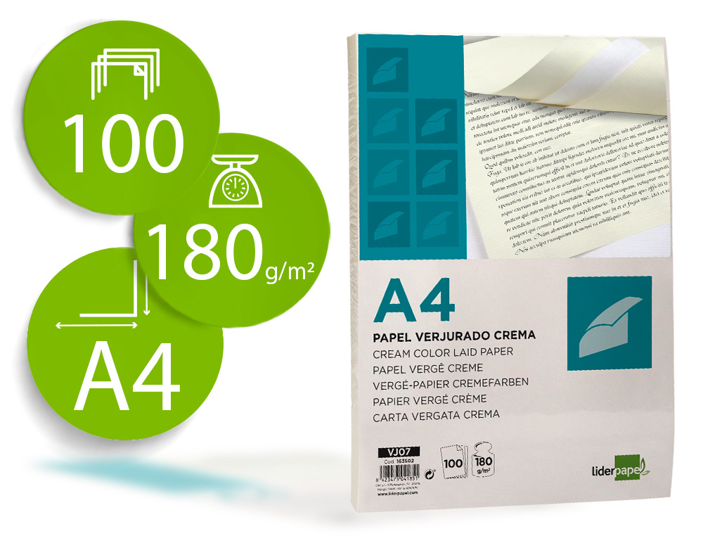 PAPEL VERJURADO LIDERPAPEL A4 180G/M2 CREMA PAQUETE DE 100 HOJAS