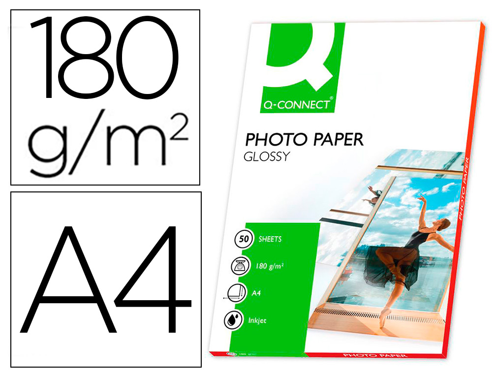 PAPEL Q-CONNECT FOTO GLOSSY DIN A4 ALTA CALIDAD DIGITAL PHOTO PARA INK-JET BOLSA DE 50 HOJAS DE 180 GR