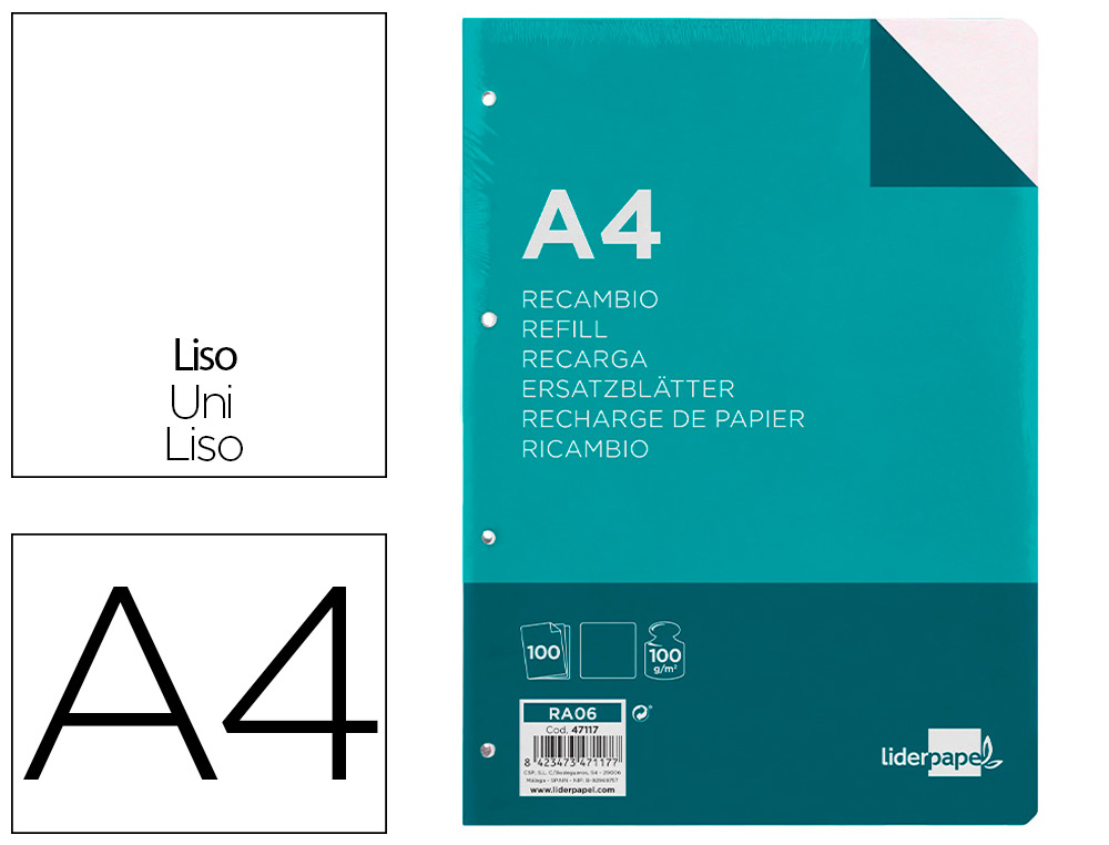 RECAMBIO LIDERPAPEL A4 100 HOJAS 100G/M2 LISO SIN MARGEN 4 TALADROS