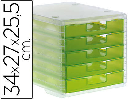 FICHERO CAJONES DE SOBREMESA ARCHIVO 2000 340X270X260 MM APILABLES 5 CAJONES VERDE KIWI TRANSLUCIDO