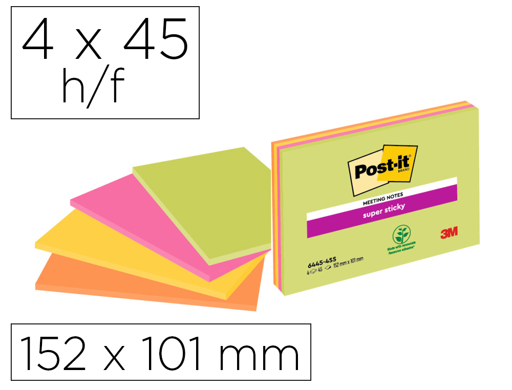 BLOC DE NOTAS ADHESIVAS QUITA Y PON POST-IT SUPER STICKY 152X101 MM CON 45 HOJAS PACK DE 4 UNIDADES COLORES NEON