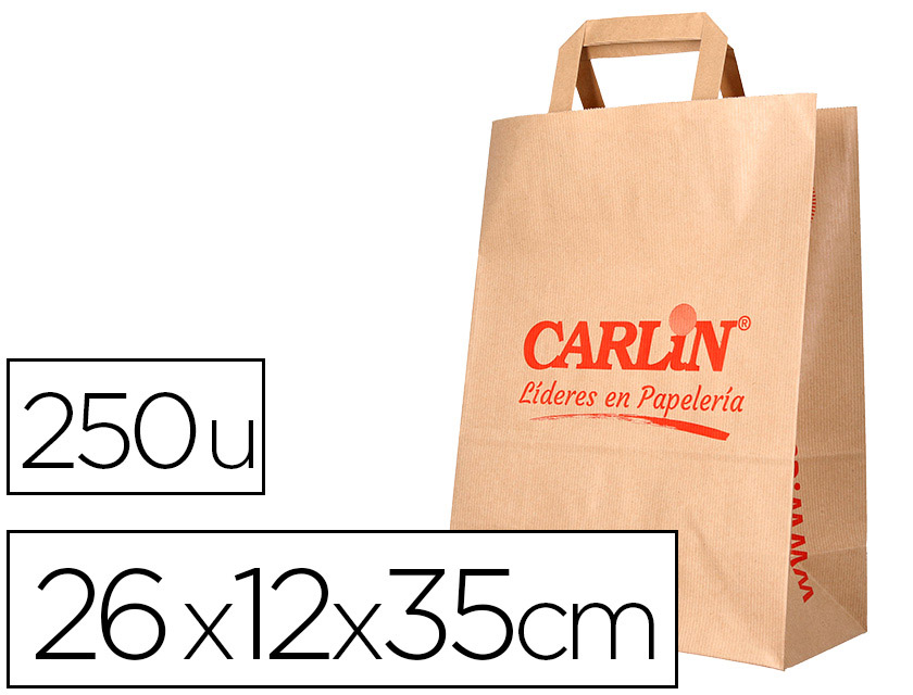 BOLSA KRAFT VERJURADO ASA PLANA CARLIN 26X12X35 CM 90 GR CAJA DE 250 UNIDADES